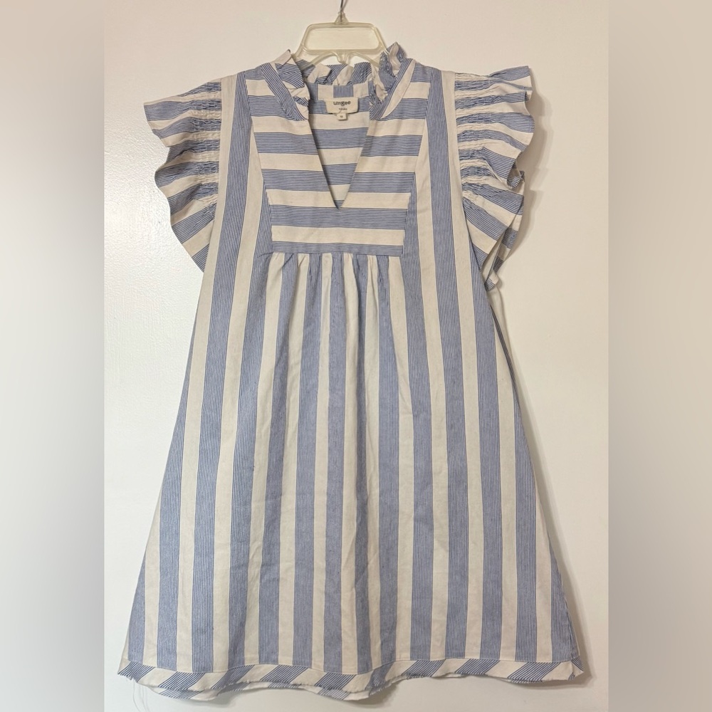 Umgee Blue and White Striped Ruffle Sleeve dress, size m